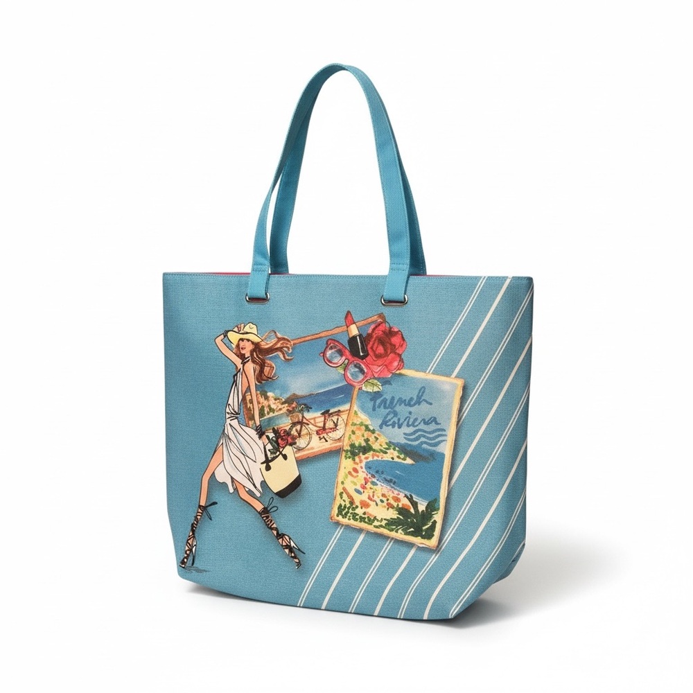 Lancôme Blue Large Tote with French Riviera Girl Graphic Design Beach Rose
